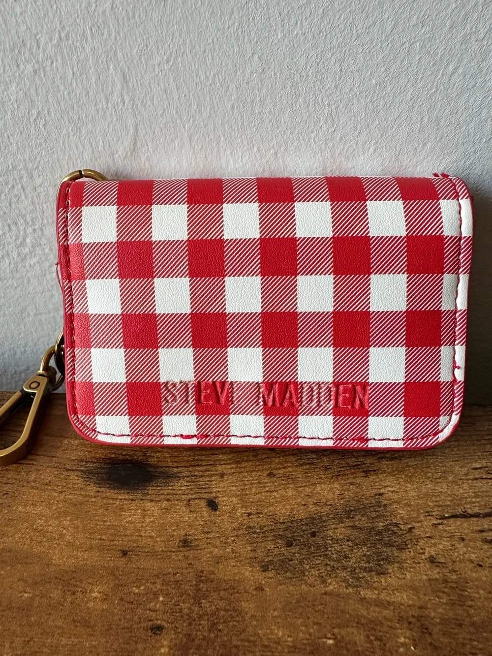 Steve Madden Red & White Gingham Plaid Card Wallet Bag Charm Keychain NWOT